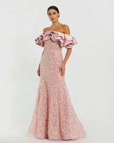Pink Beaded Mermaid Gown With Off The Shoulder Ruffle