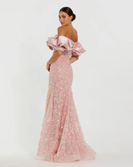 Pink Beaded Mermaid Gown With Off The Shoulder Ruffle