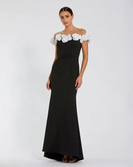 Black and White Stretch Crepe Mermaid Gown With 3D Flowers