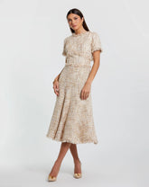Beige Boucle Short Sleeve A Line Midi Dress