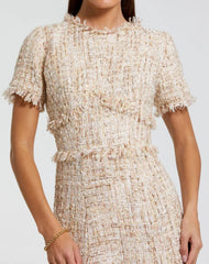 Beige Boucle Short Sleeve A Line Midi Dress