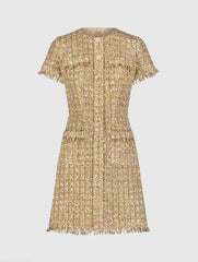 Beige Boucle Short Sleeve Mini Dress With Pockets