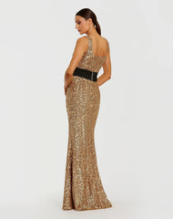 Gold Sequin Square Neck Column Gown With Faille Bow
