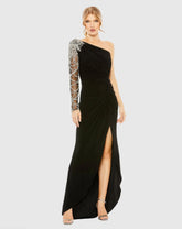 Black Embellished One Shoulder Long Sleeve Gown
