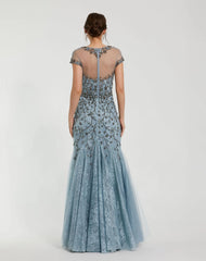 Blue Embellished Lace Evening Gown with Illusion Neckline