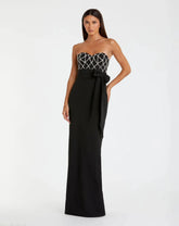 Black Embellished Strapless Bustier With Bow Crepe Gown