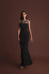Black Sleeveless Crepe Gown With Embellished Bows