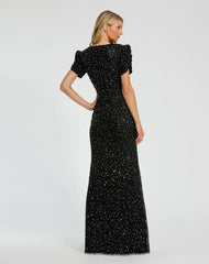 Black Gathered Short Sleeve Beaded Gown