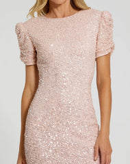 Pink Gathered Short Sleeve Beaded Gown