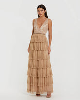 Beige Beaded Mesh V Neck Gown With Tiered Ruffles