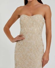 Beige Strapless Beaded Lace Fitted Column Gown