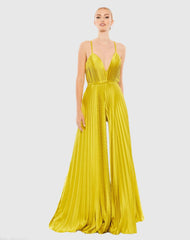 Green Pleated Plunge Neck Wide Leg Jumpsuit