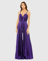 Purple Pleated Plunge Neck Wide Leg Jumpsuit