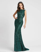 Green Cowl Back Boat Neck Sequined Evening Gown