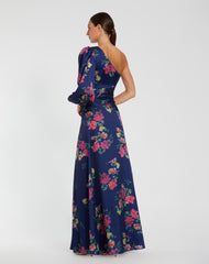 Navy One Sleeve Floral Print Charmeuse Gown With Slit