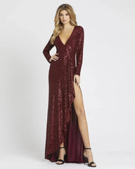Faux Wrap Long Sleeve Sequin Gown