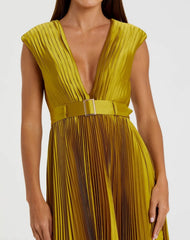 Green Pleated Cap Sleeve Belted A Line Dress