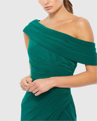 Dark Green Foldover Off-the-Shoulder Slit Gown