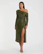 Green One Shoulder Sequin Long Sleeve Midi Dress