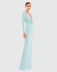 Blue Long Sleeve Ruched Jersey V-Neck Gown