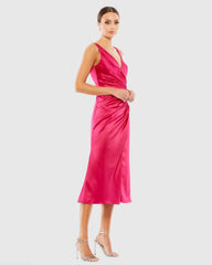 Pink Satin Ruched V-Neck Faux Wrap Midi Dress