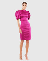 Pink Satin Puff Sleeve Fitted Mini Dress
