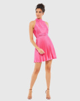 Pink High Neck Pleated A-Line Mini Dress