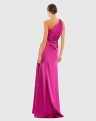 Purple Gathered One Shoulder Satin Faux Wrap Gown