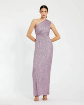 Purple Sequined Ruched One Shoulder Gown