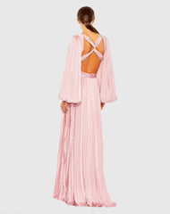 Pink Long Sleeve Pleated Charmeuse Cut Out Gown
