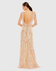 Pink Metallic Sequin Boat Neck Trumpet Gown with Cowl Back