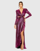 Purple Princess Sleeve Cut Out Metallic Gown