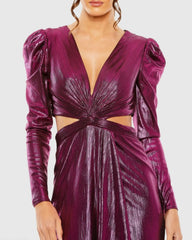 Purple Princess Sleeve Cut Out Metallic Gown