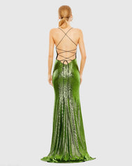 Green Metallic Corset Back Column Gown