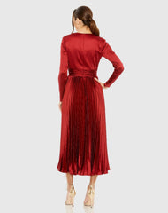 Deep Red Pleated Long Sleeve V-Neck Dress