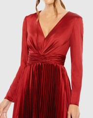Deep Red Pleated Long Sleeve V-Neck Dress