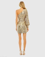 Gold One Sleeve Sequin Mini Dress