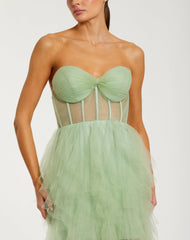 Green Strapless Corset Gown with Spiral Ruffles
