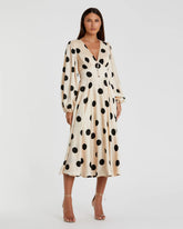 Beige Polka Dot Charmeuse Long Sleeve V Neck Midi Dress