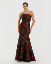 Black Strapless Floral Brocade Mermaid Gown