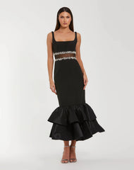Black Crepe Ruffle Hem Midi Dress With Jewel Detail