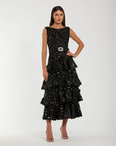 Black Sleeveless Sequin Ruffle Midi Dress With Belt
