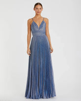 Blue Shimmer Pleated V-Neck Gown - FINAL SALE