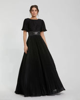 Black Pleated Shimmering Flutter Sleeve Gown