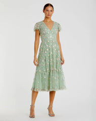 Embroidered V Neck Cap Sleeve Midi Dress