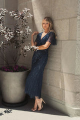 Navy Beaded Wrap Over Butterfly Sleeve Dress