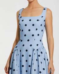 Blue Square Neck Crepe Polka Dot Fit and Flare Midi Dress