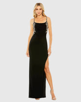 Black Embellished Ruched Open Back Column Gown