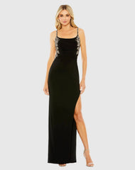 Black Embellished Ruched Open Back Column Gown