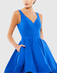 Blue V Neck Fit & Flare Mini Dress